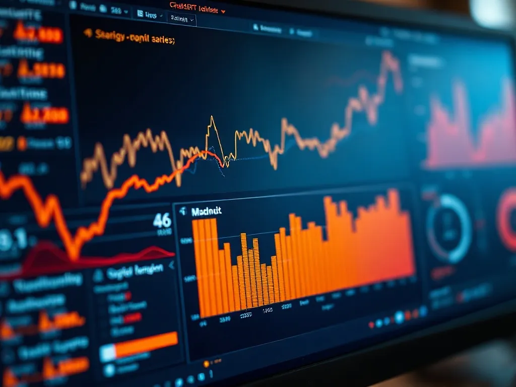 Close up of a computer screen showing complex data visualiza